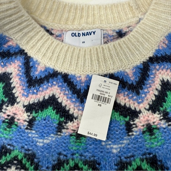 Old Navy Fair Isle Sweater XS Navy Blue White Colorblock Crew Neck Pullover - Picture 5 of 7
